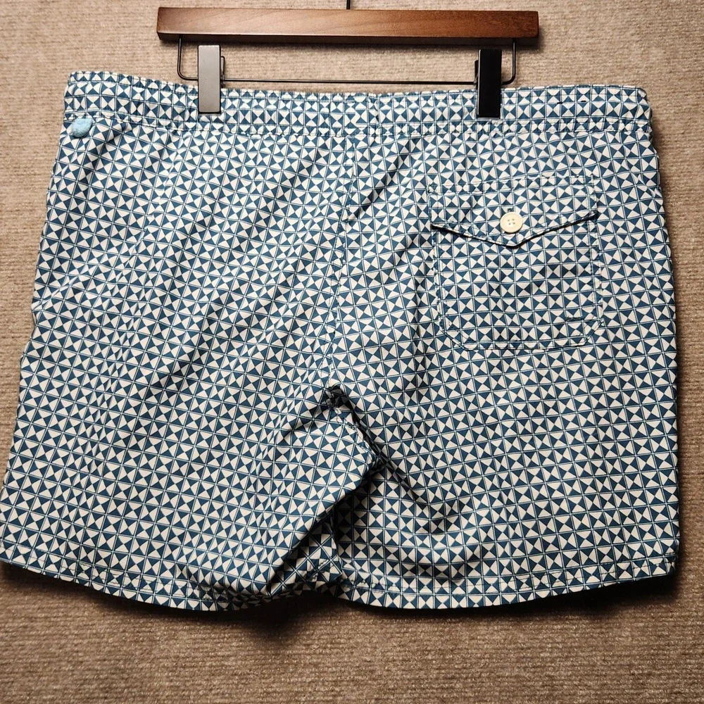 J. Crew Swim Trunks Mens L Blue White Geometric Pattern Drawstring Shorts